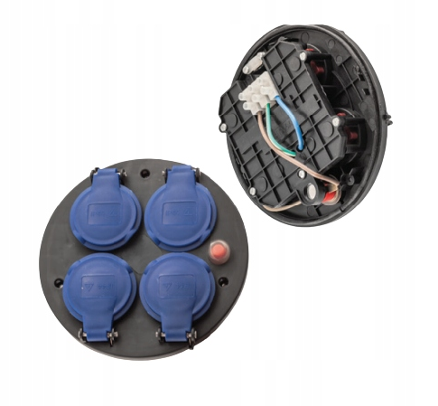 Mittelscheibe 16A, 4x250V, schuko, 1x Thermoschutzschalter, schwarz, blaue Steckdosen, IP44