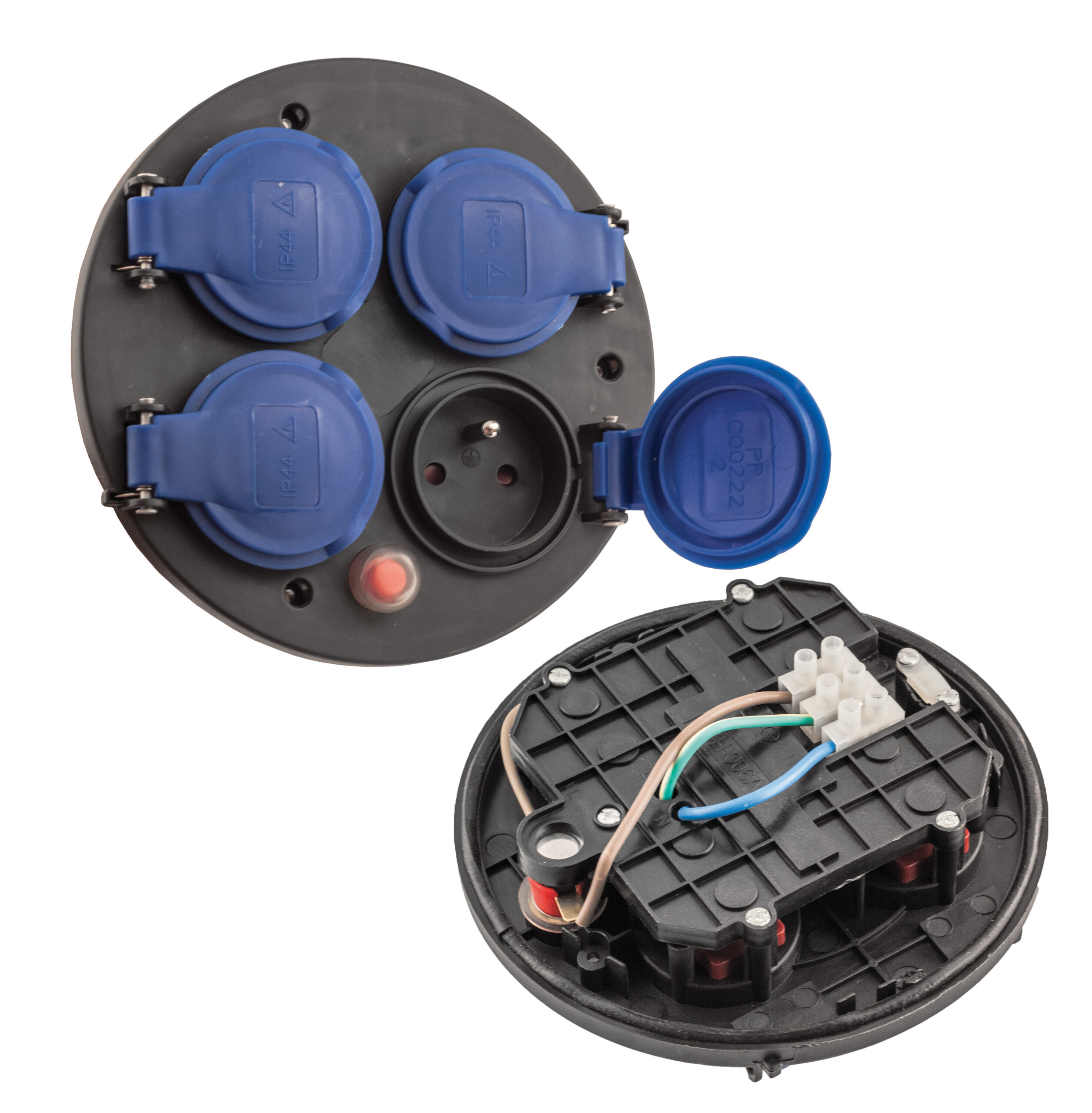 Mittelscheibe 16A, 4x250V, 1x Thermoschutzschalter, schwarz, blaue Steckdosen, IP44