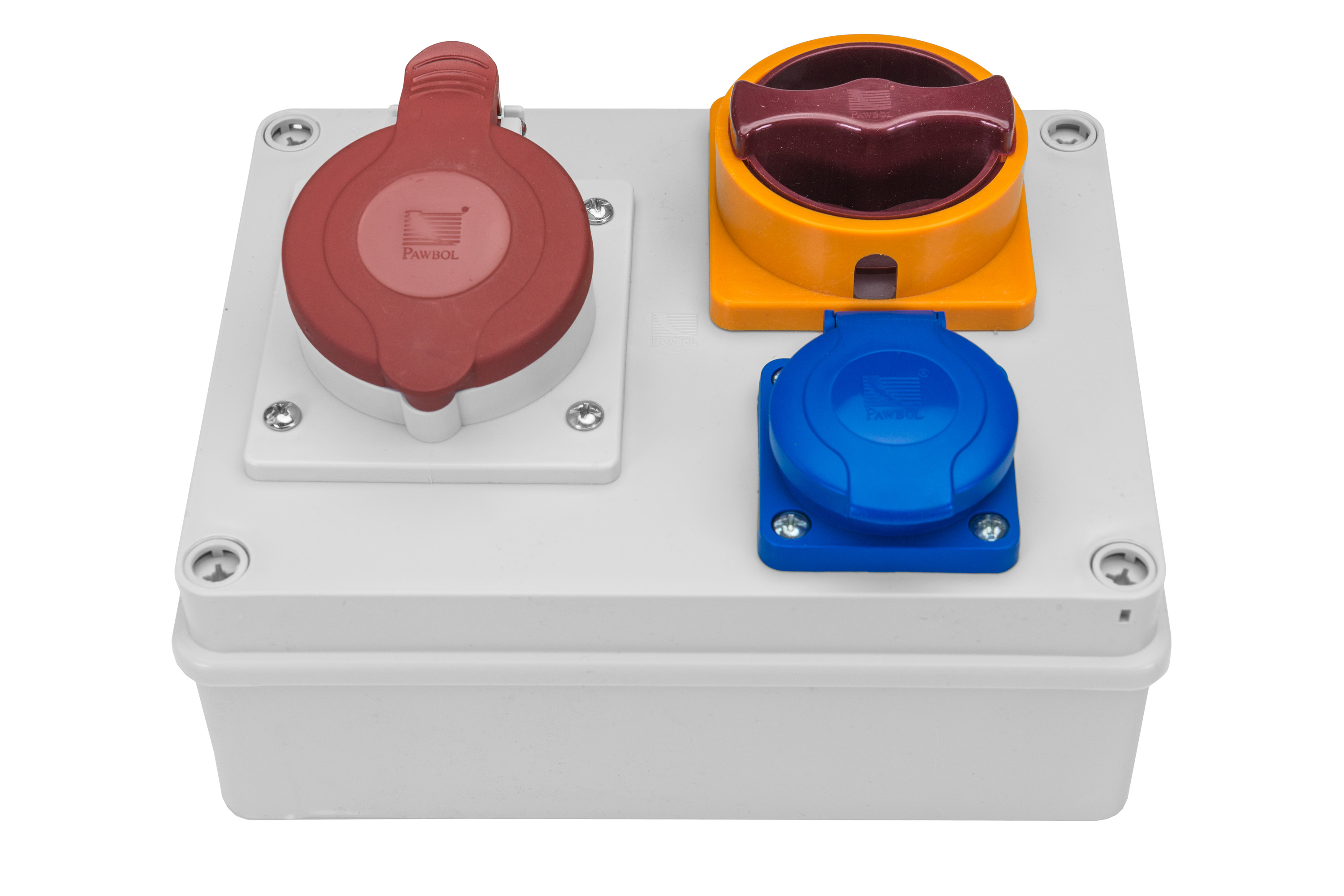 Verteiler R-BOX 190: 1x16A/5P, 1x250V, 1x0/1 25A, 400V, IP44 – Pawbol