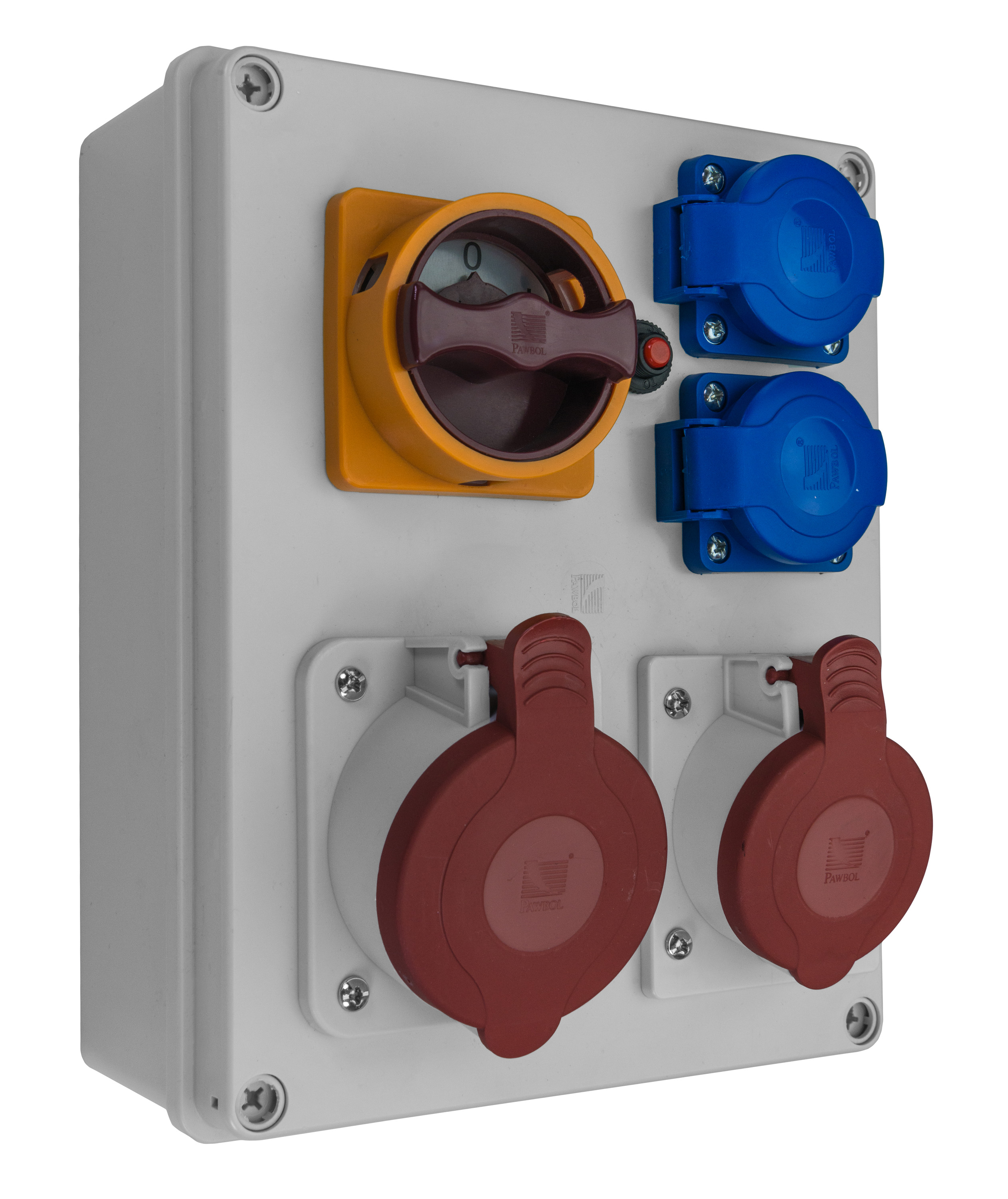 Verteiler R-BOX 240: 1x32A/5P, 1x16A/5P, 2x250V, 1x0/1 40A, 400V, IP44, 1x Thermoschutzschalter – Pawbol