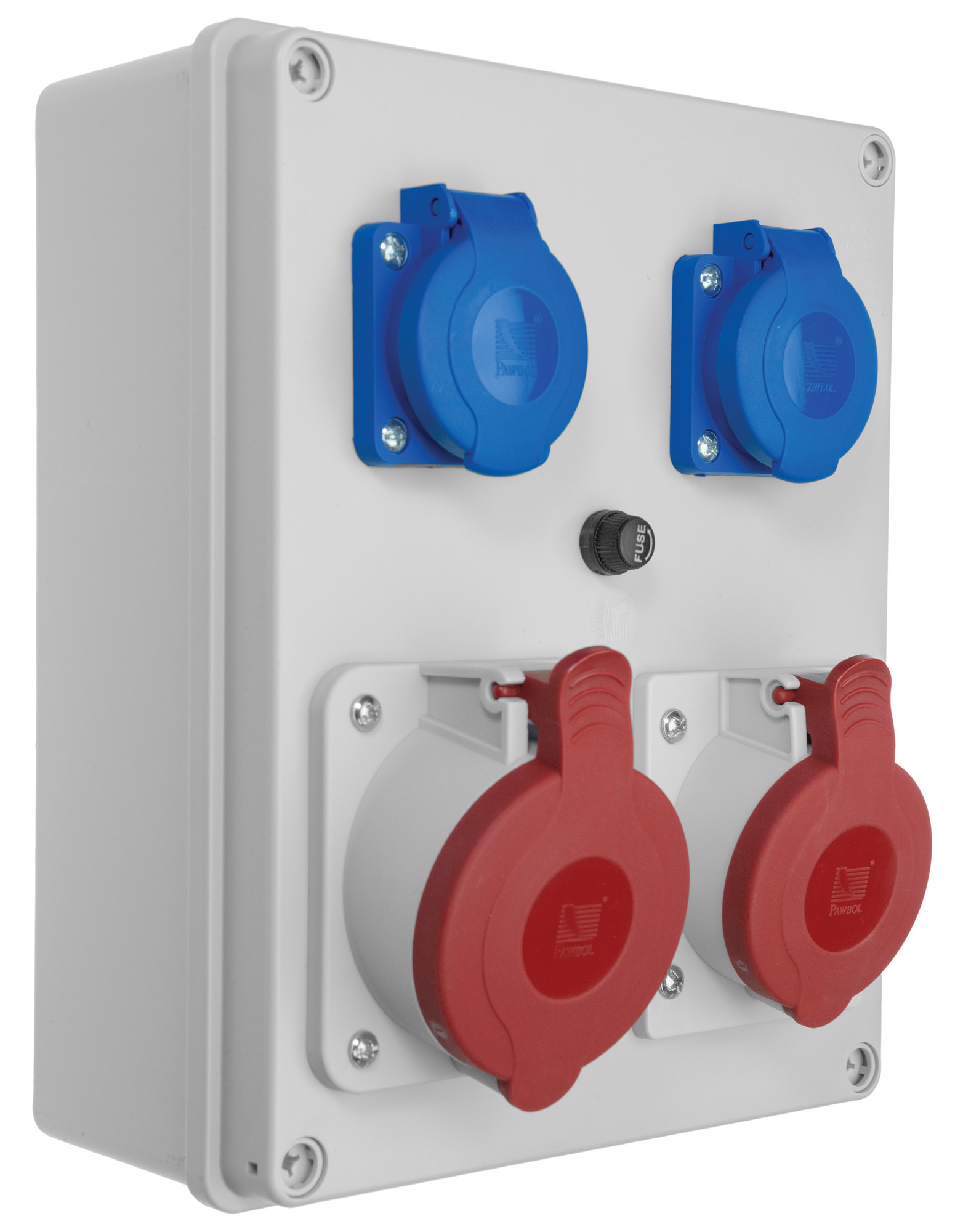Verteiler R-BOX 240: 1x32A/5P, 1x16A/5P, 2x250V, 400V, IP44, 1x Thermoschutzschalter – Pawbol