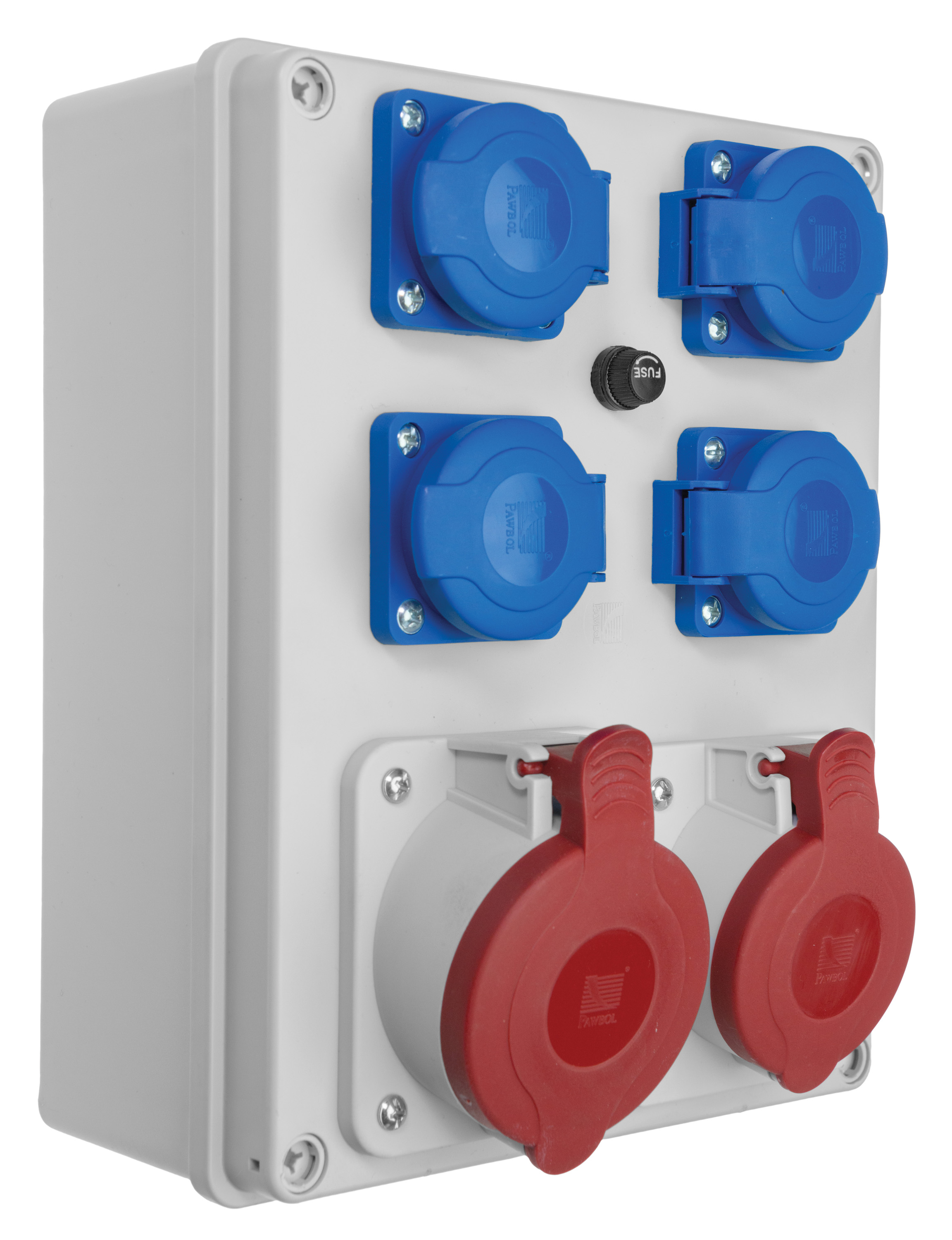 Verteiler R-BOX 240: 1x32A/5P, 1x16A/5P, 4x250V, 400V, IP44, 1x Thermoschutzschalter – Pawbol