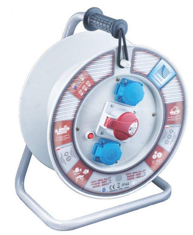 Verteiler auf Kunststofftrommel, ∅340, 1x16A/5P, 2x250V, 400V, 1x Thermoschutzschalter, weiß, IP44 – Pawbol