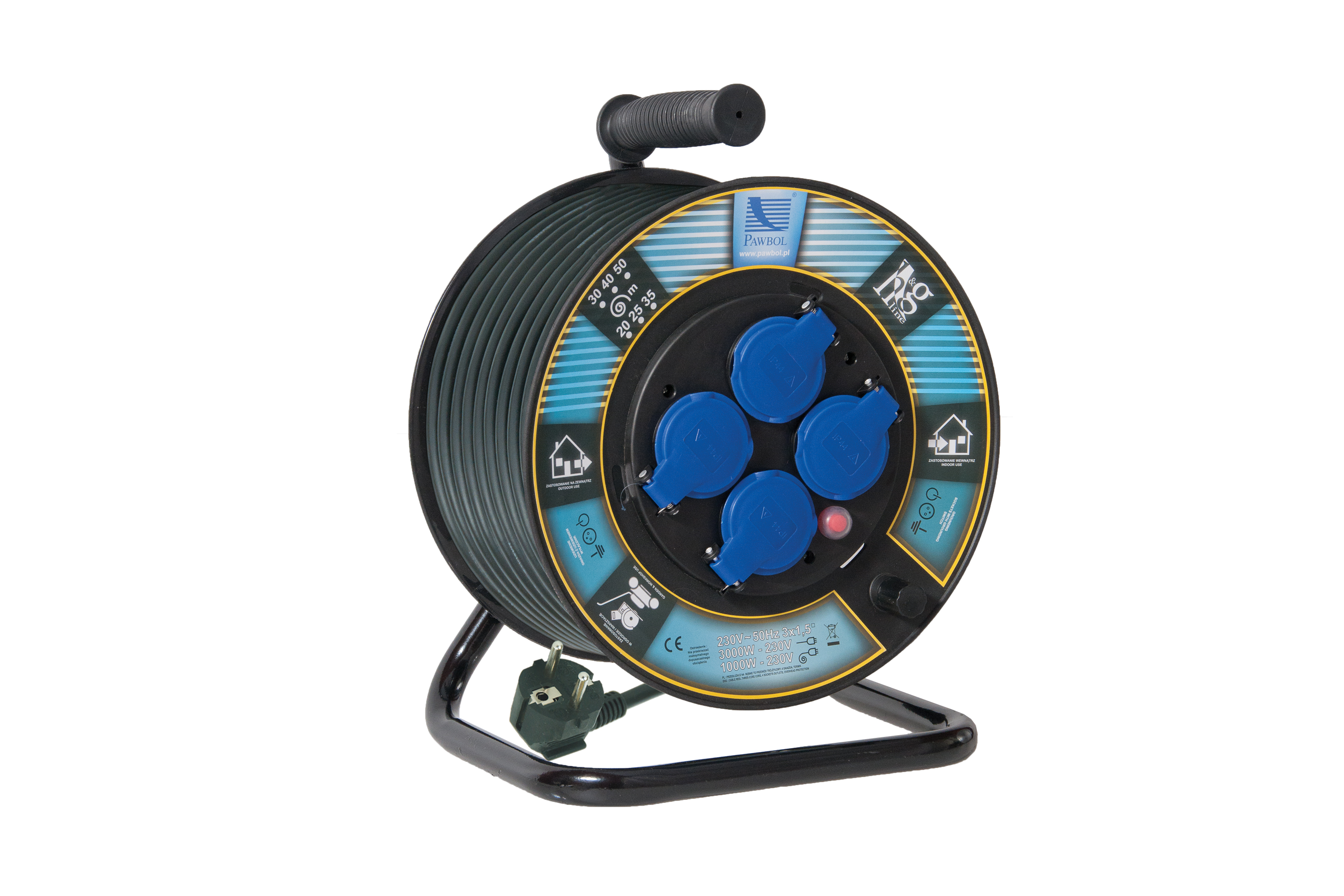 Kabeltrommel mit Kunststofftrommel, ∅250, Leitung H05VV-F 3x1,5mm2 - 25m, 4x250V, 250V, 1x Thermoschutzschalter, schwarz, IP44 – Pawbol