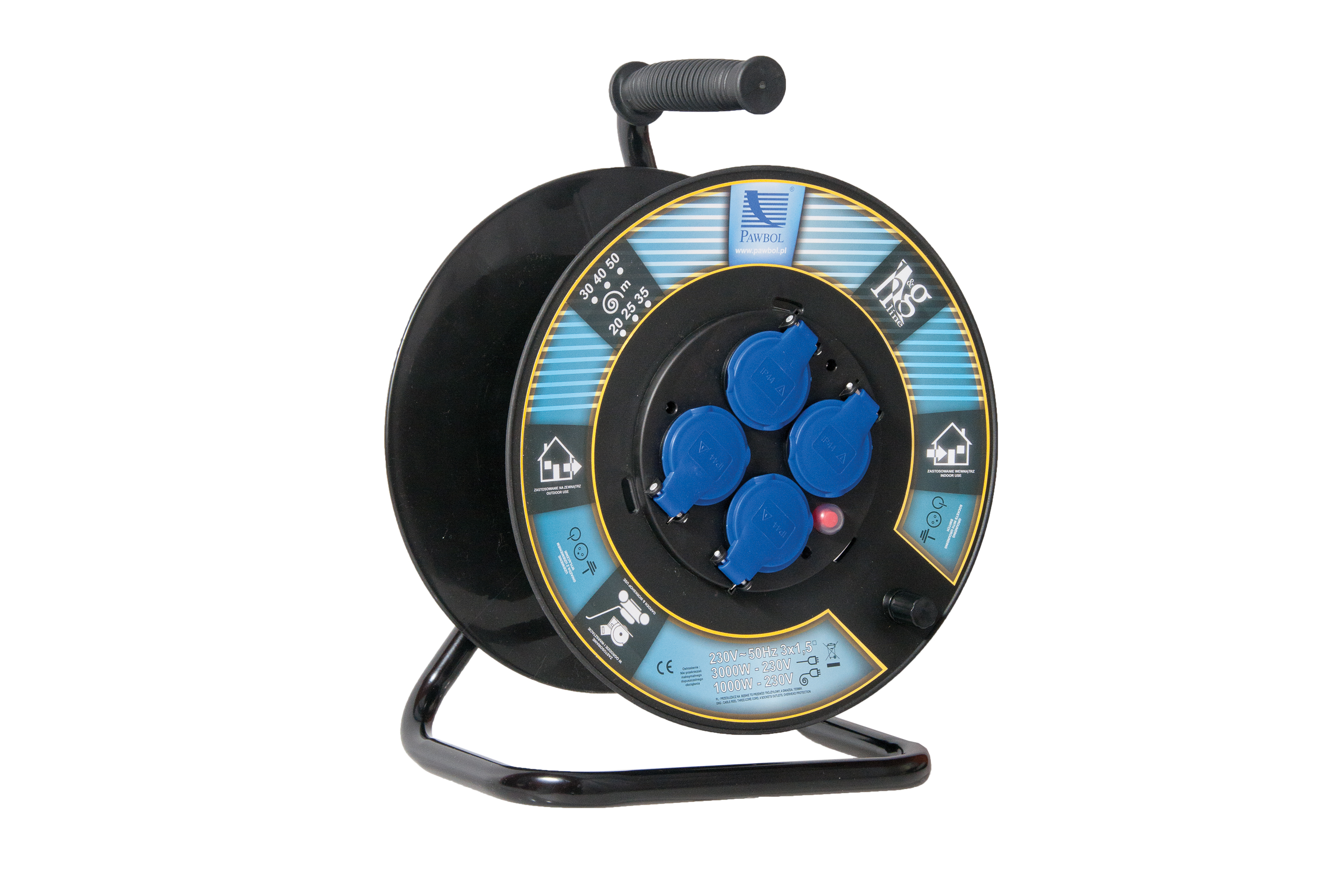Verteiler auf Kunststofftrommel, ∅300, 4x250V, 250V, 1x Thermoschutzschalter, schwarz, IP44 – Pawbol