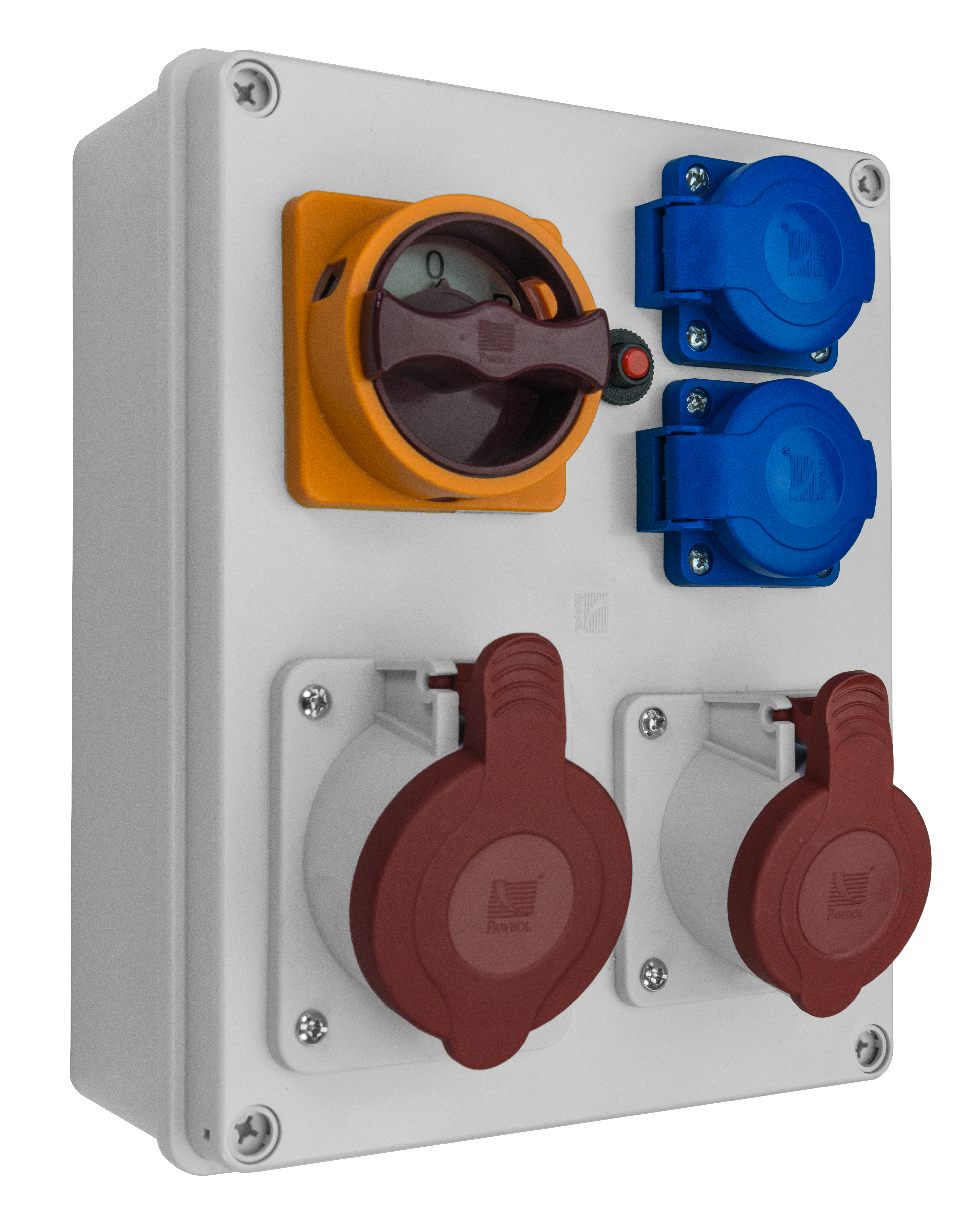 Verteiler R-BOX 240: 1x32A/4P, 1x16A/4P, 2x250V, 1xL/P 40A, 400V, IP44, 1x Thermoschutzschalter – Pawbol
