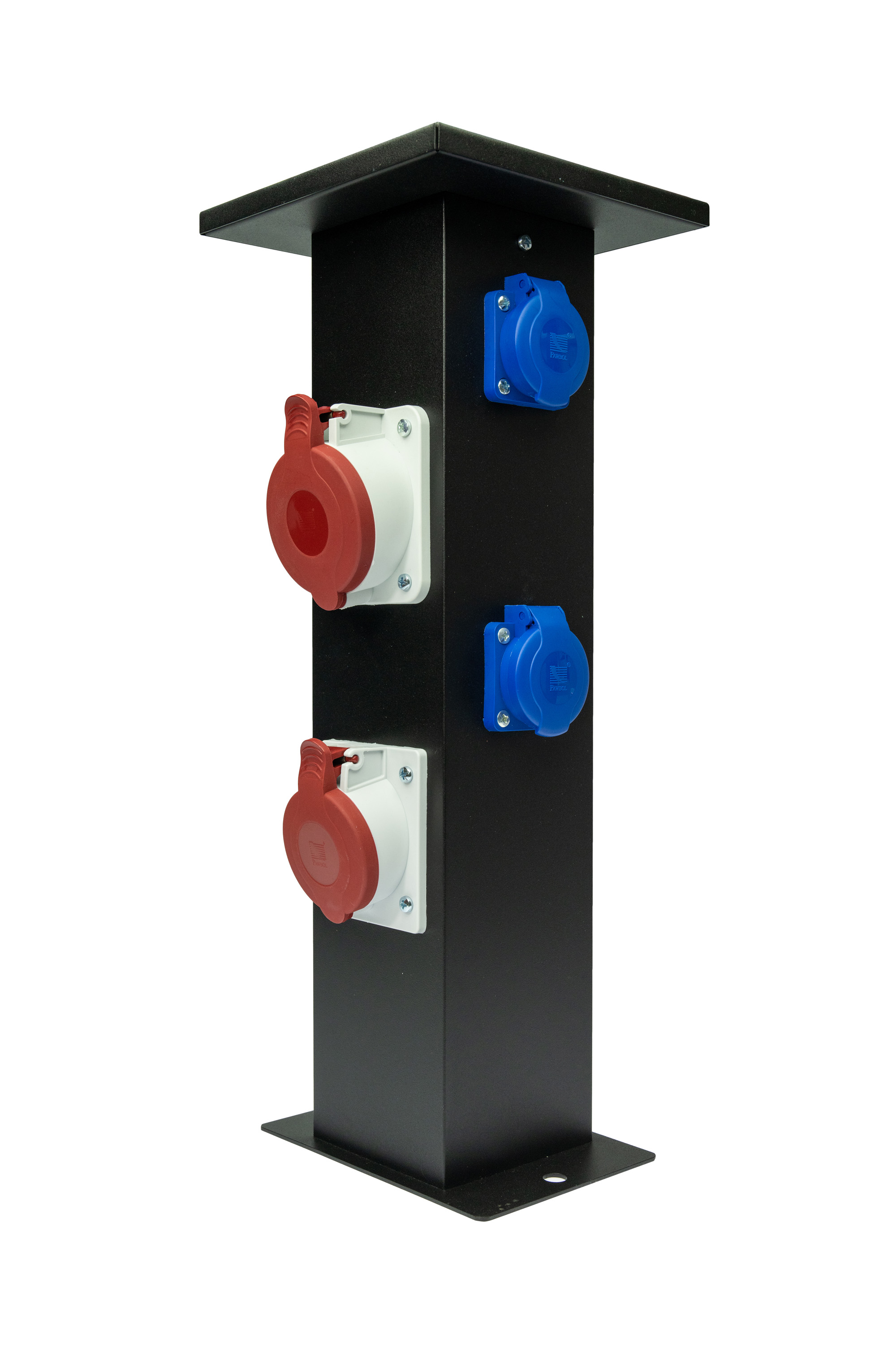 Gartensteckdosensäule groß: 1x32A/5P, 1x16A/5P, 2x250V, 400V, Aluminium, schwarz, IP44 – Pawbol