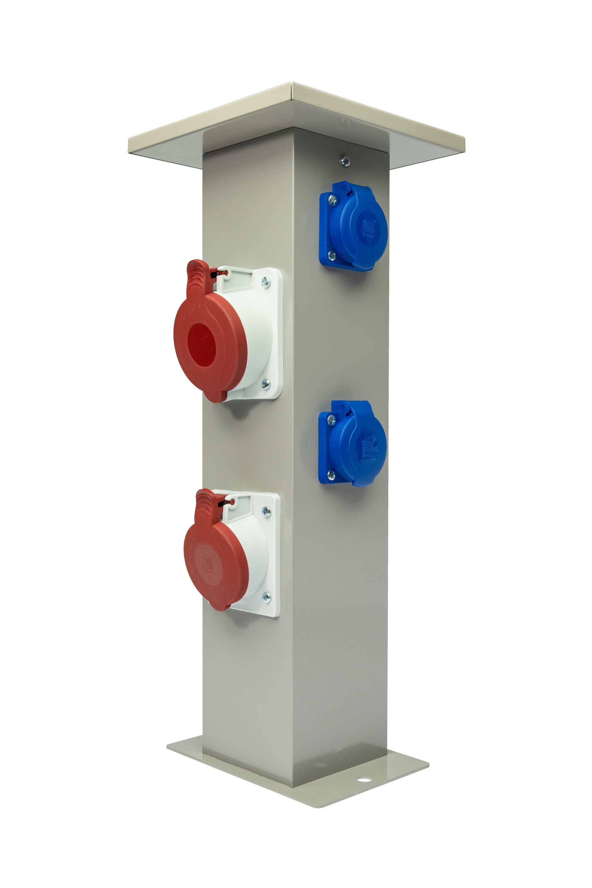 Gartensteckdosensäule groß: 1x32A/5P, 1x16A/5P, 2x250V, 400V, Stahl, grau, IP44 – Pawbol