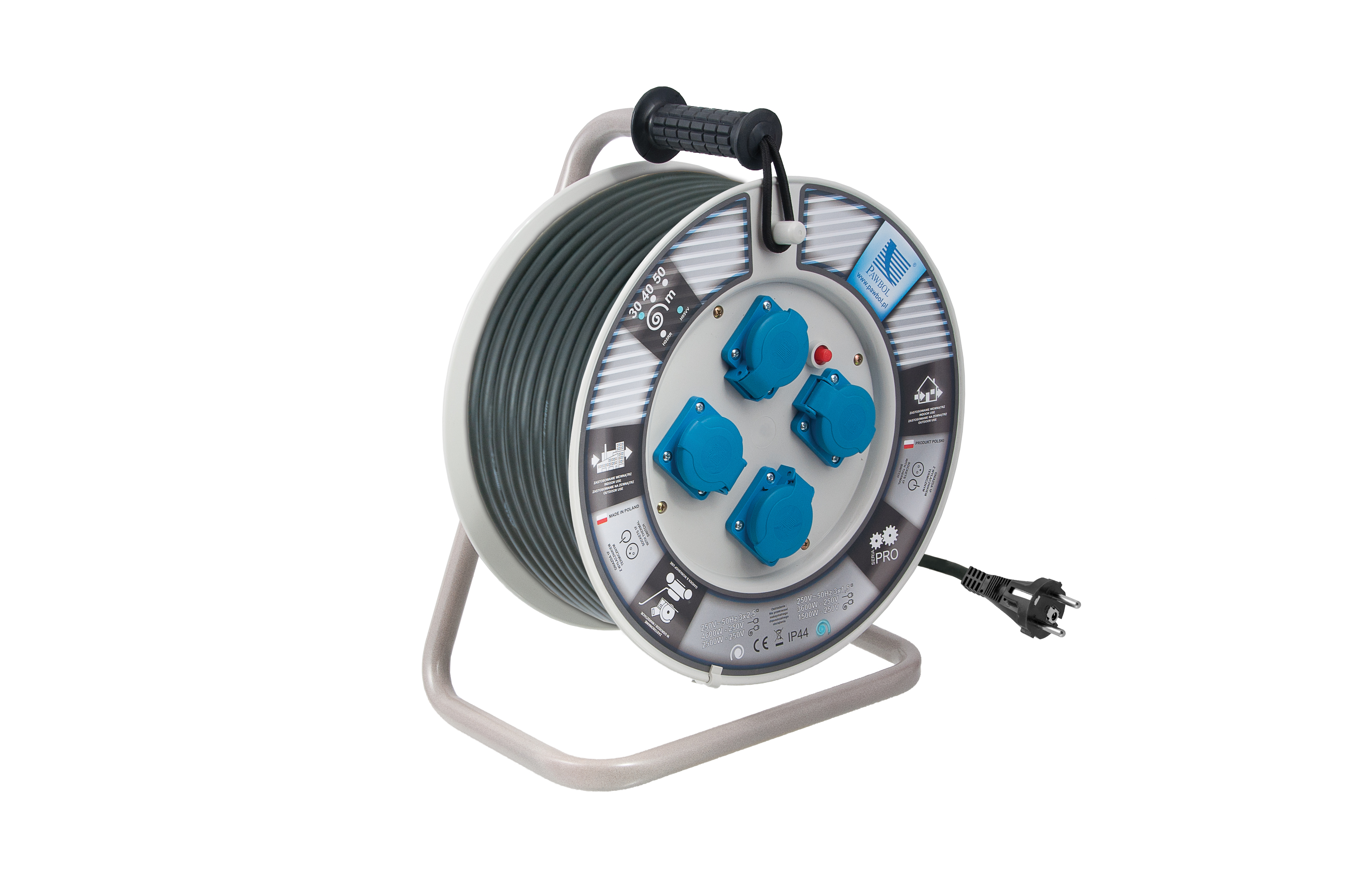 Kabeltrommel mit Kunststofftrommel, ∅340, Leitung H05VV-F 3x1,5mm2 -  30m, 4x250V, 250V, 1x Thermoschutzschalter, weiß, IP44 – Pawbol