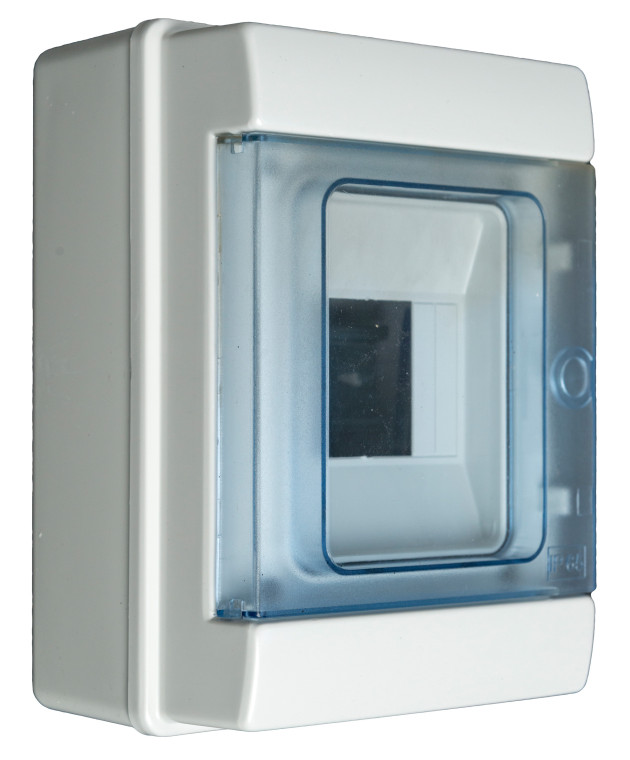 Aufputz-Modulverteiler, S-4, 1x4, transparente Tür, Kunststoff, weiß, IP65 – Pawbol