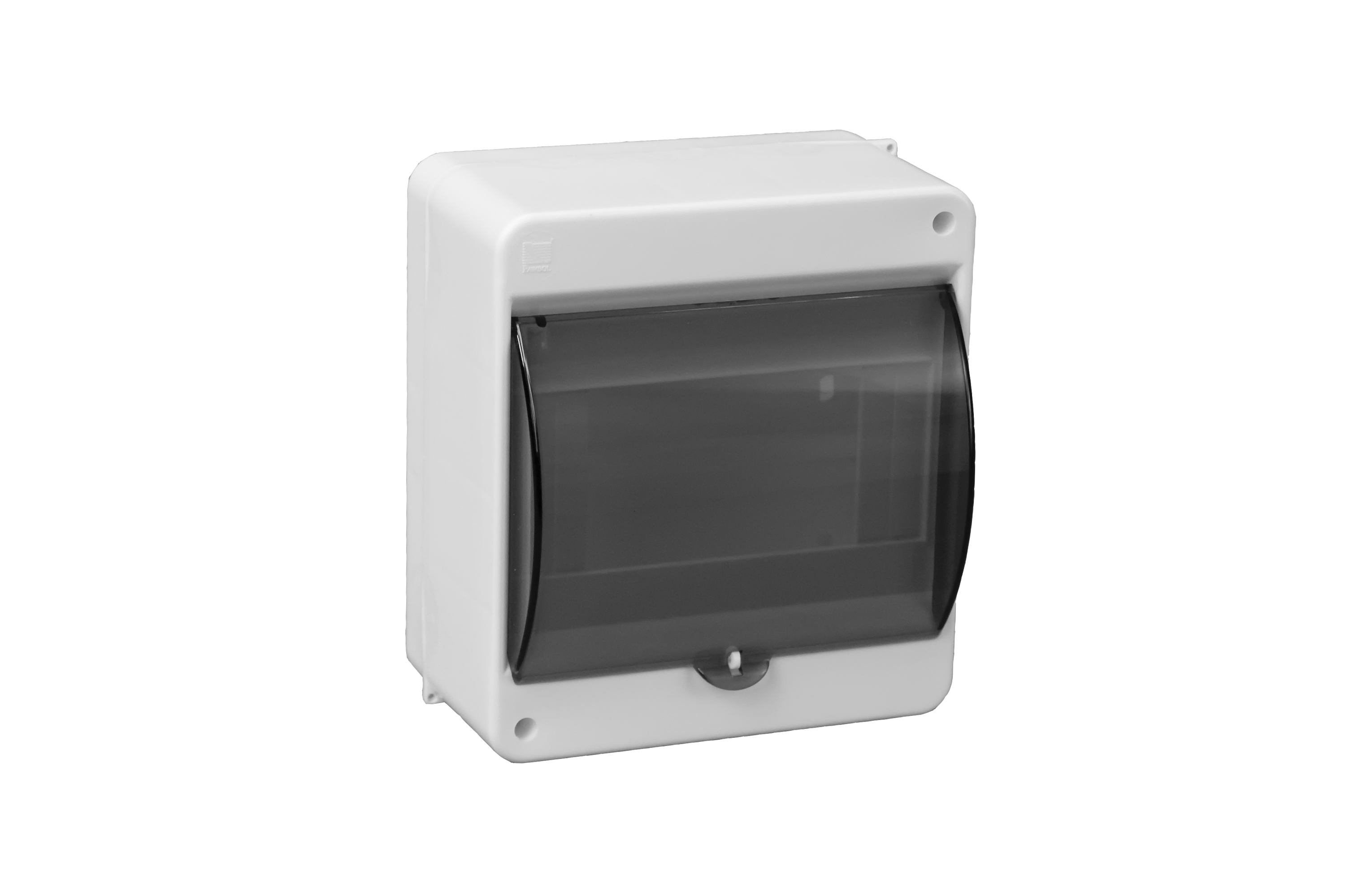 Aufputz-Modulgehäuse S-6, mit Rauchglasscheibe, mit N+PE-Klemme, weiß, IP40 – Pawbol