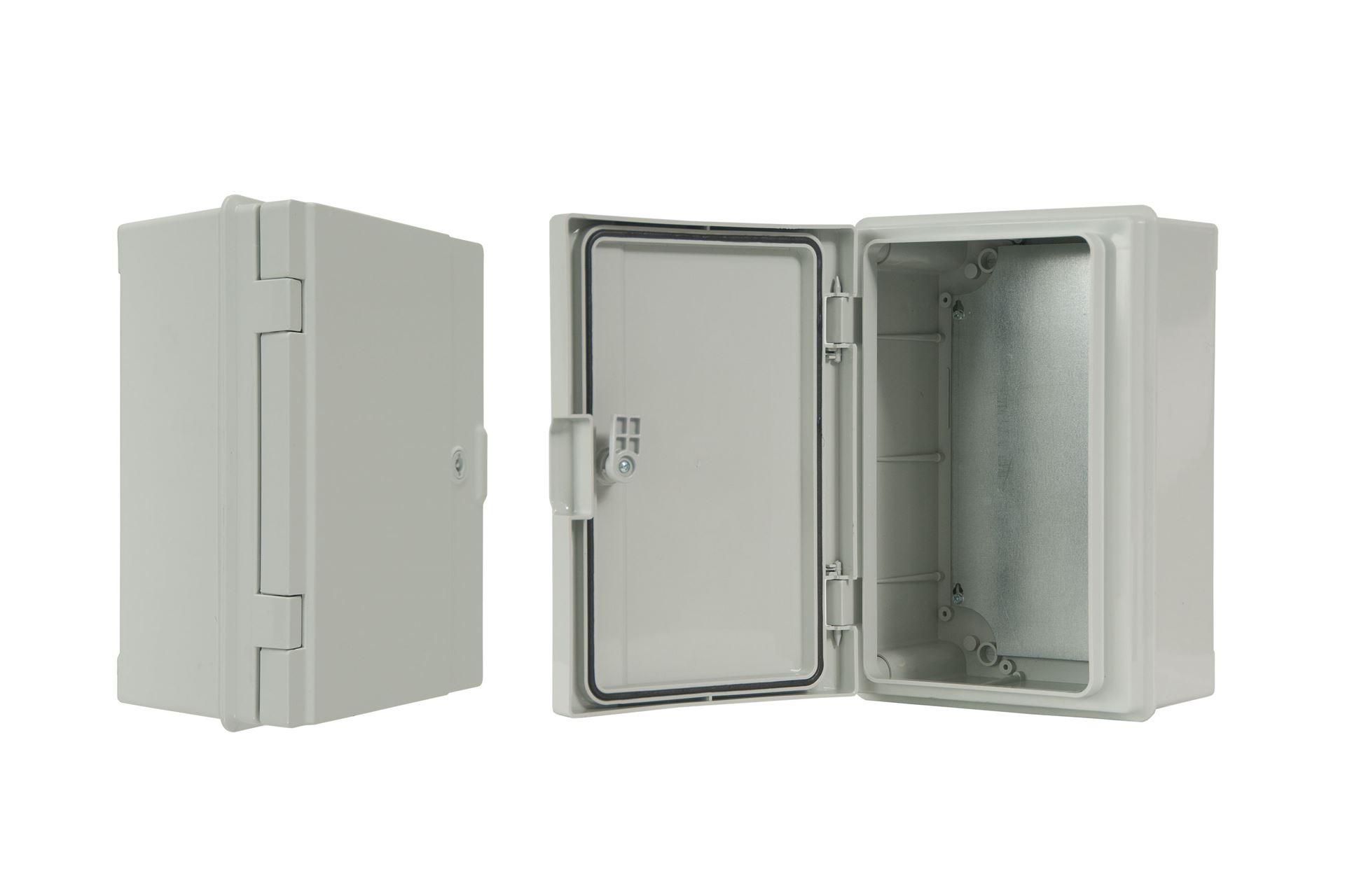 Feuchtraum-Verteilerschrank 210, mit Metall-Montageplatte, 220x310x140, grau, IK10, IP65 – Pawbol