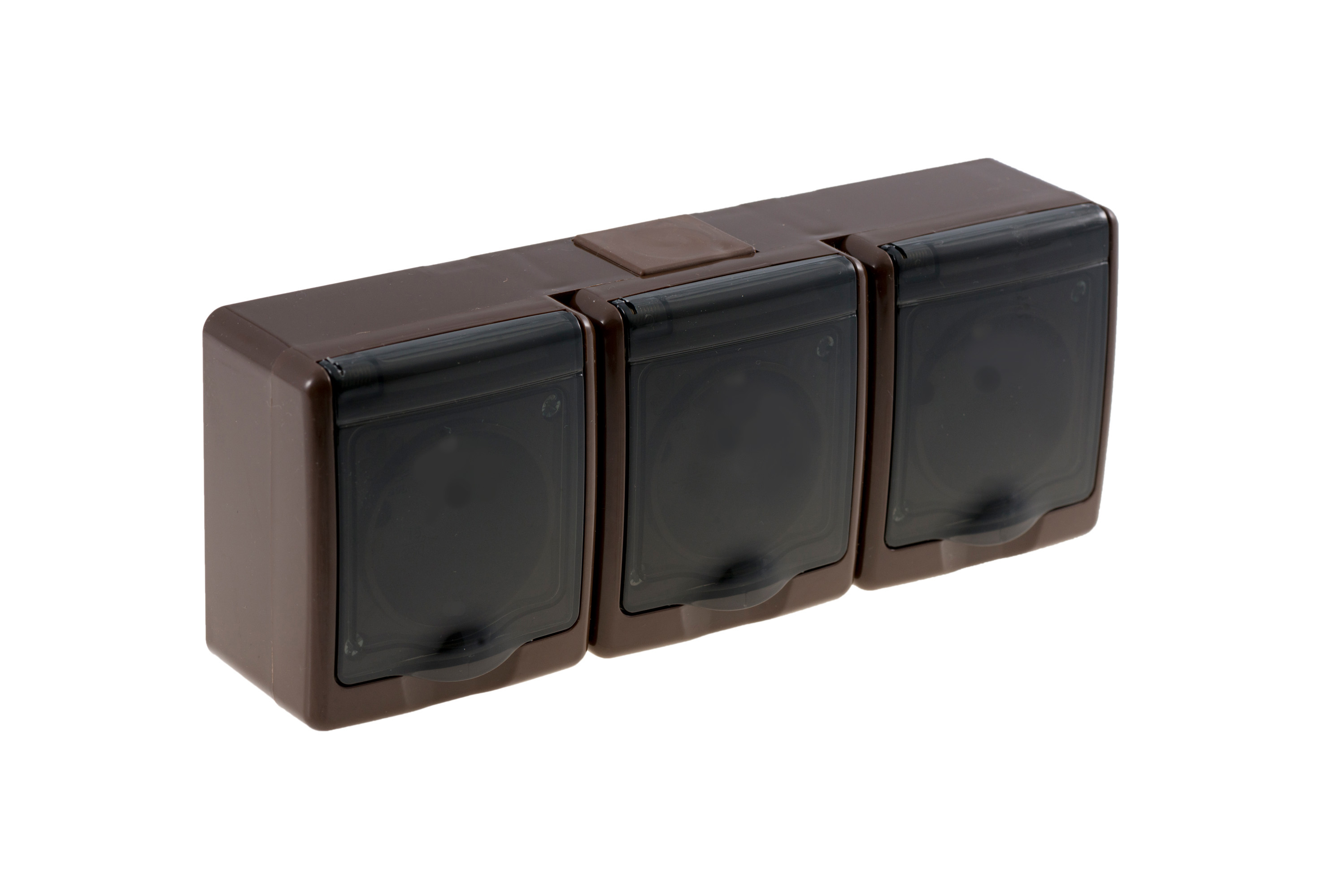 BETA-Steckdose dreifach schuko, braun, Rauchglas-Klappe, IP44 – Pawbol
