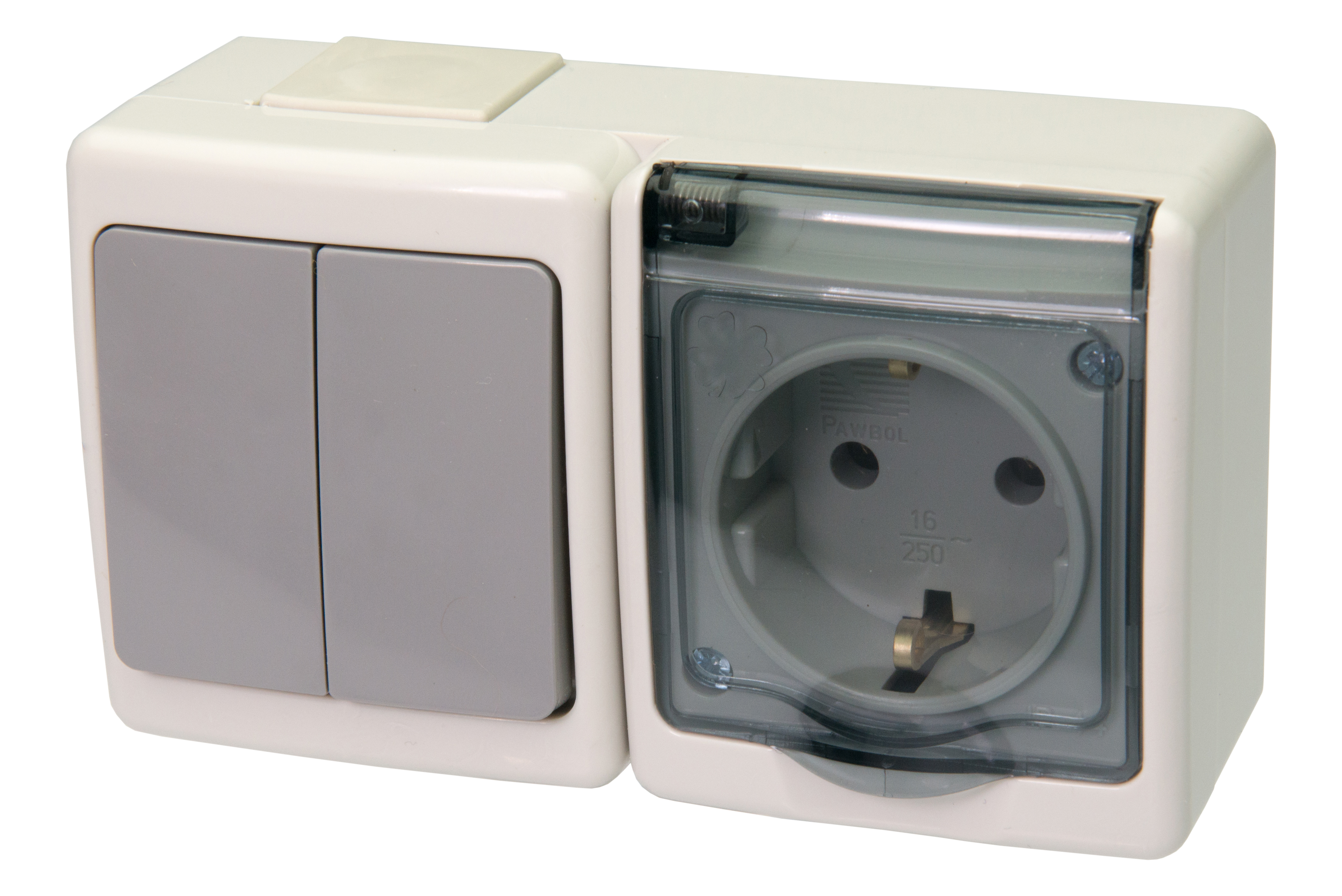 BETA-Schalter einfach, Serienschalter i Steckdose BETA einzeln schuko, grau, Rauchglas-Klappe, IP44 – Pawbol