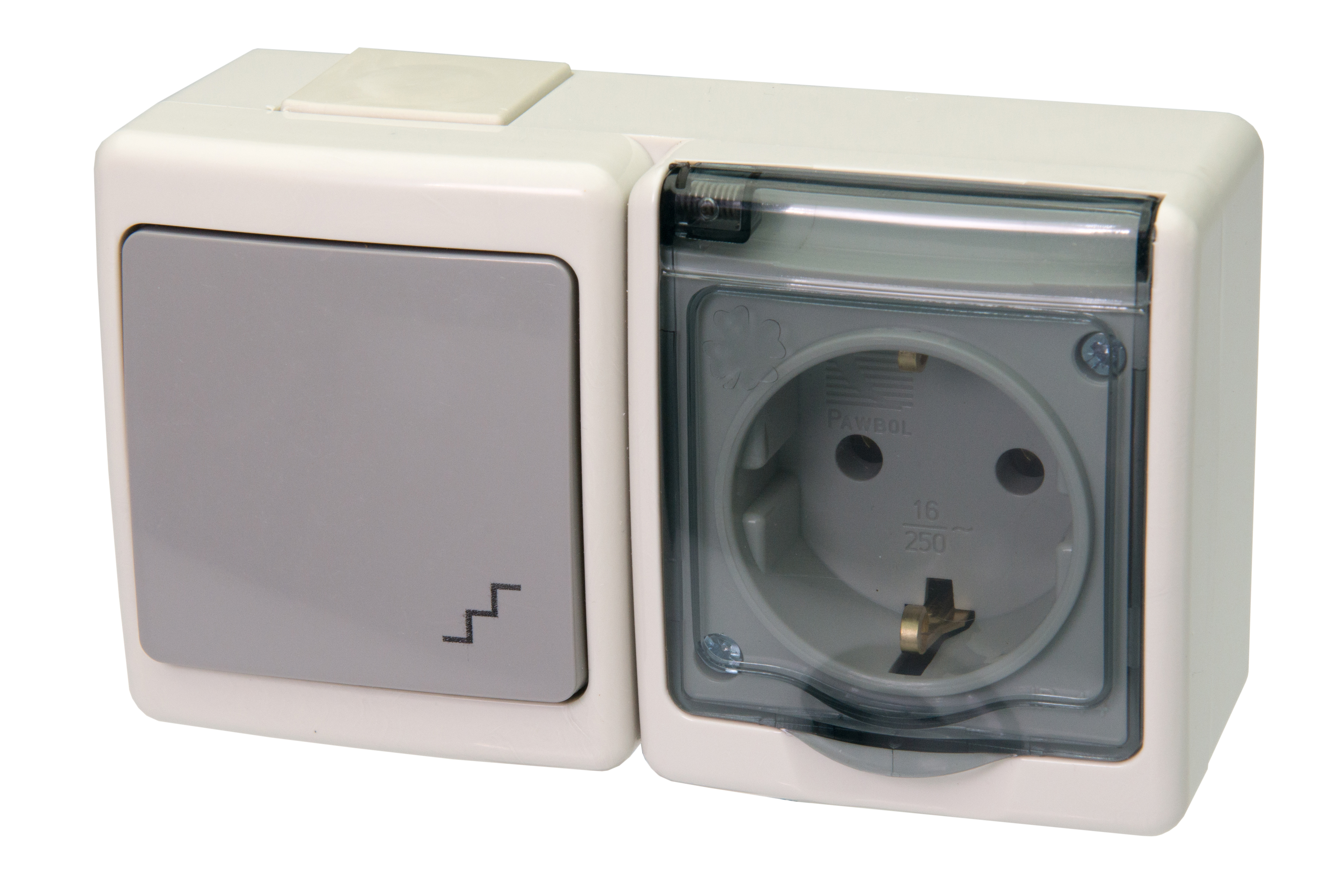 BETA-Schalter einfach, Wechselschalter i Steckdose BETA einzeln schuko, grau, Rauchglas-Klappe, IP44 – Pawbol