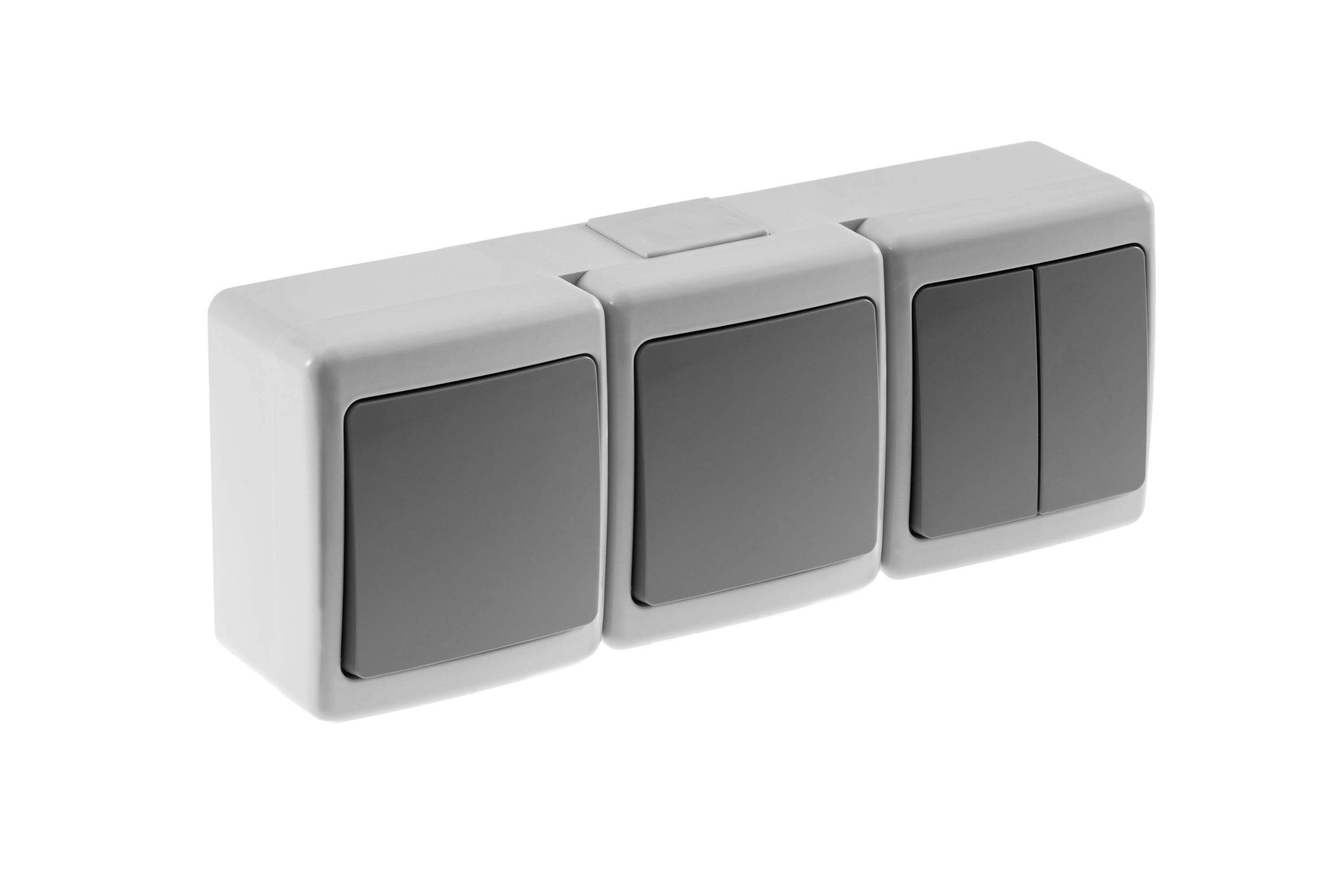 BETA-Schalter dreifach, 2x 1-polig i Serienschalter, grau, IP44 – Pawbol
