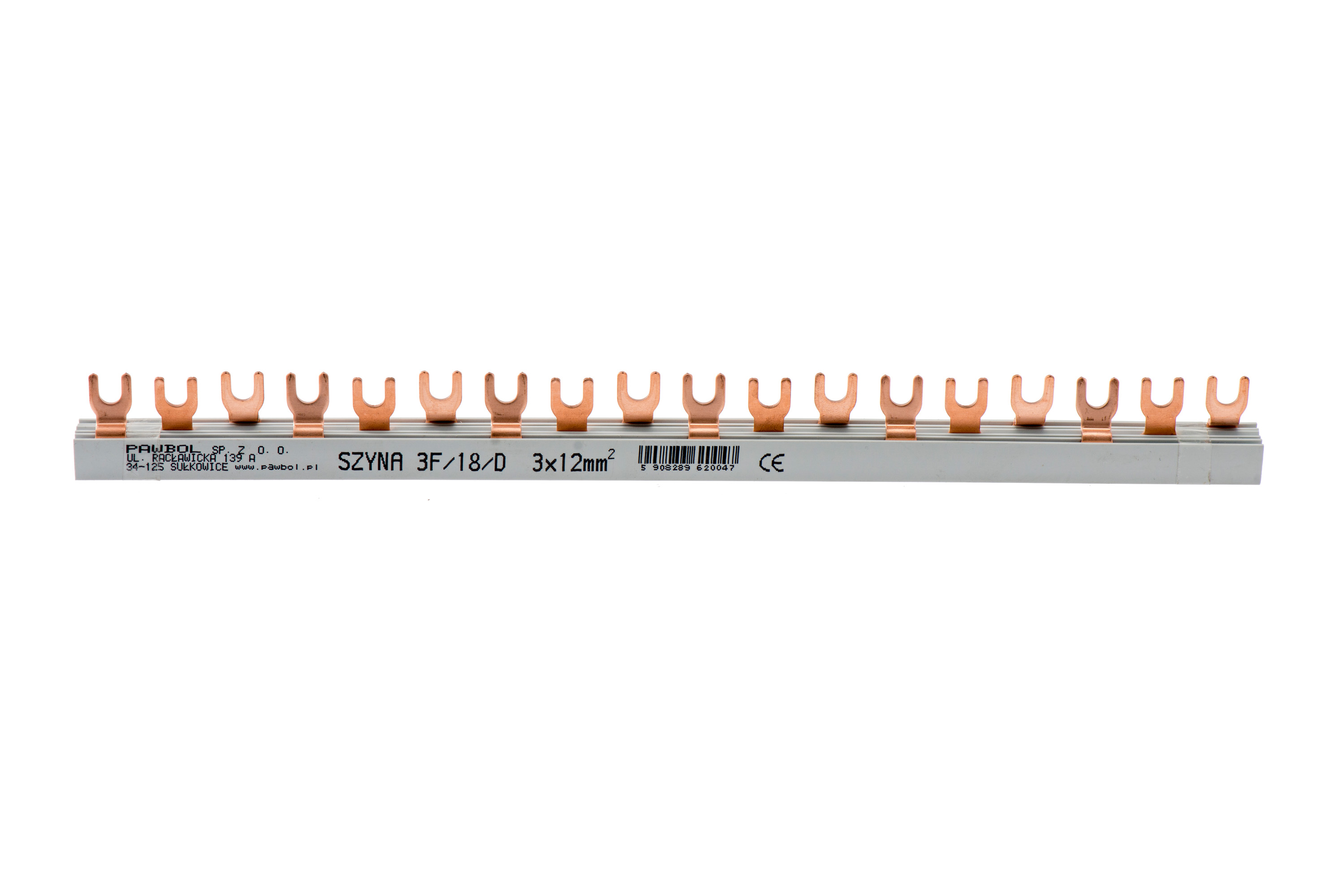Phasenschiene 3-phasig, Gabelausführung, geteilt, S-18, 12mm2, 80A, 400V – Pawbol