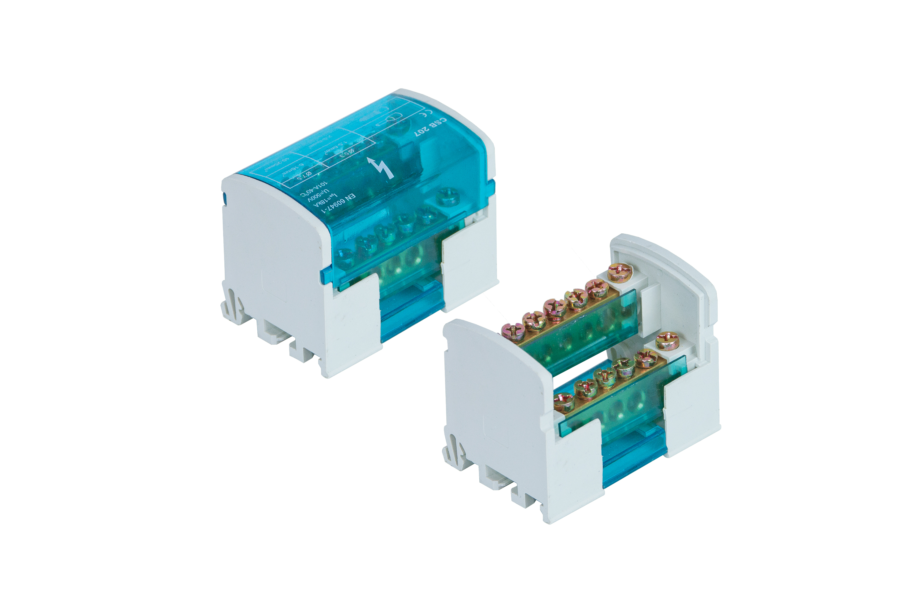 Verteilerblock 2-polig, modular, 2x7 Klemmen, 160A, 500V, weiß mit blauer Klappe – Pawbol