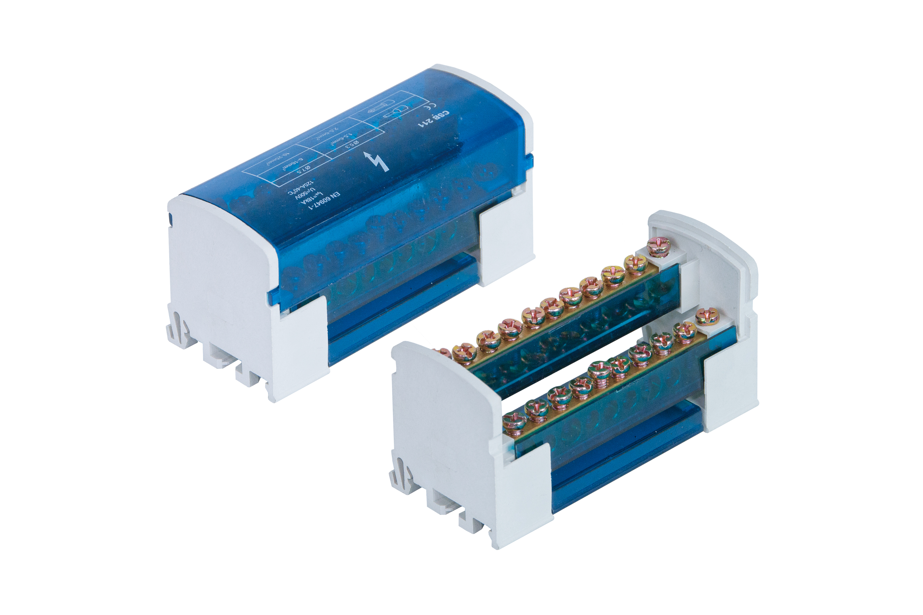 Verteilerblock 2-polig, modular, 2x11 Klemmen, 160A, 500V, weiß mit blauer Klappe – Pawbol