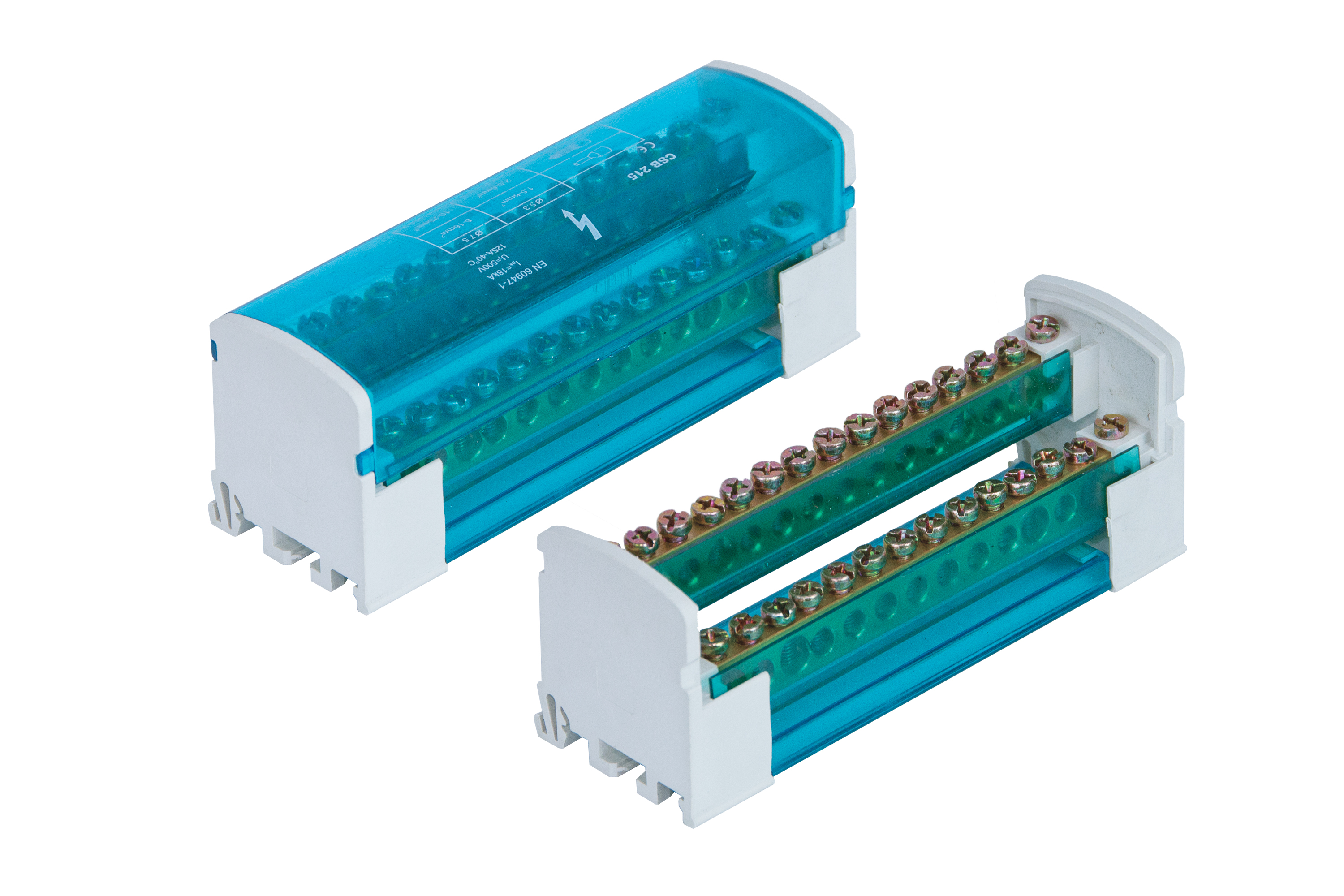 Verteilerblock 2-polig, modular, 2x15 Klemmen, 160A, 500V, weiß mit blauer Klappe – Pawbol