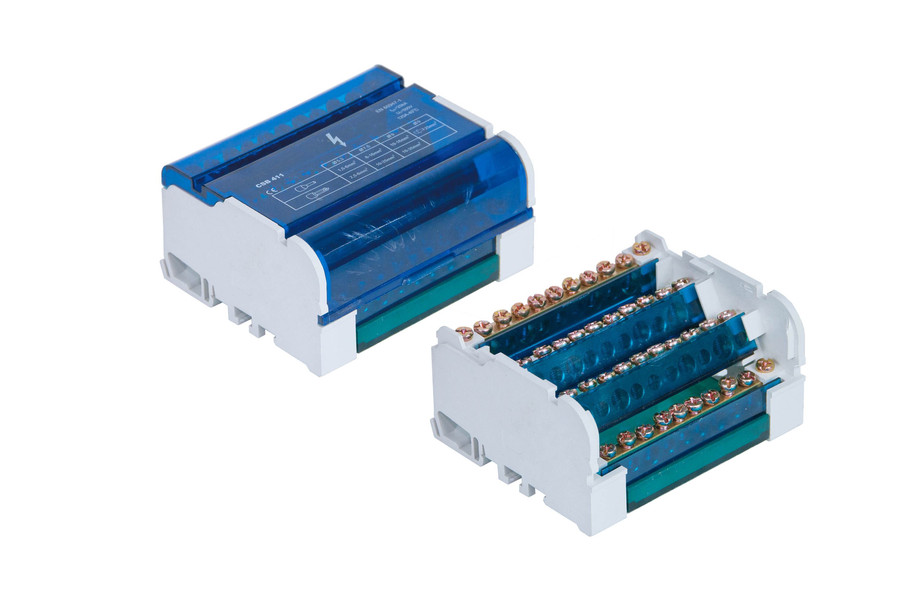 Verteilerblock 4-polig, modular, 4x11 Klemmen, 160A, 500V, weißmit grauer Klappe – Pawbol