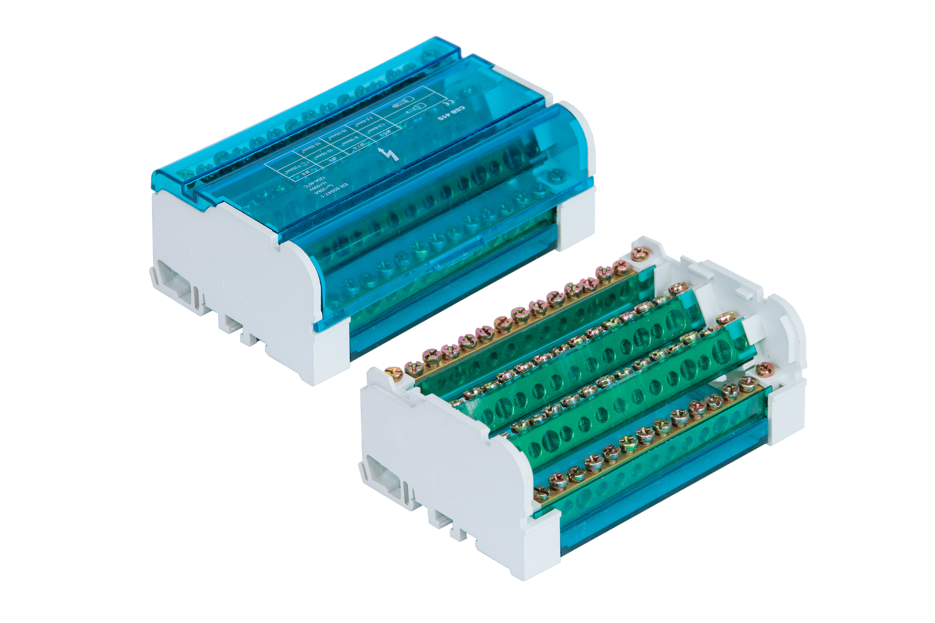 Verteilerblock 4-polig, modular, 4x15 Klemmen, 160A, 500V, weiß mit blauer Klappe – Pawbol