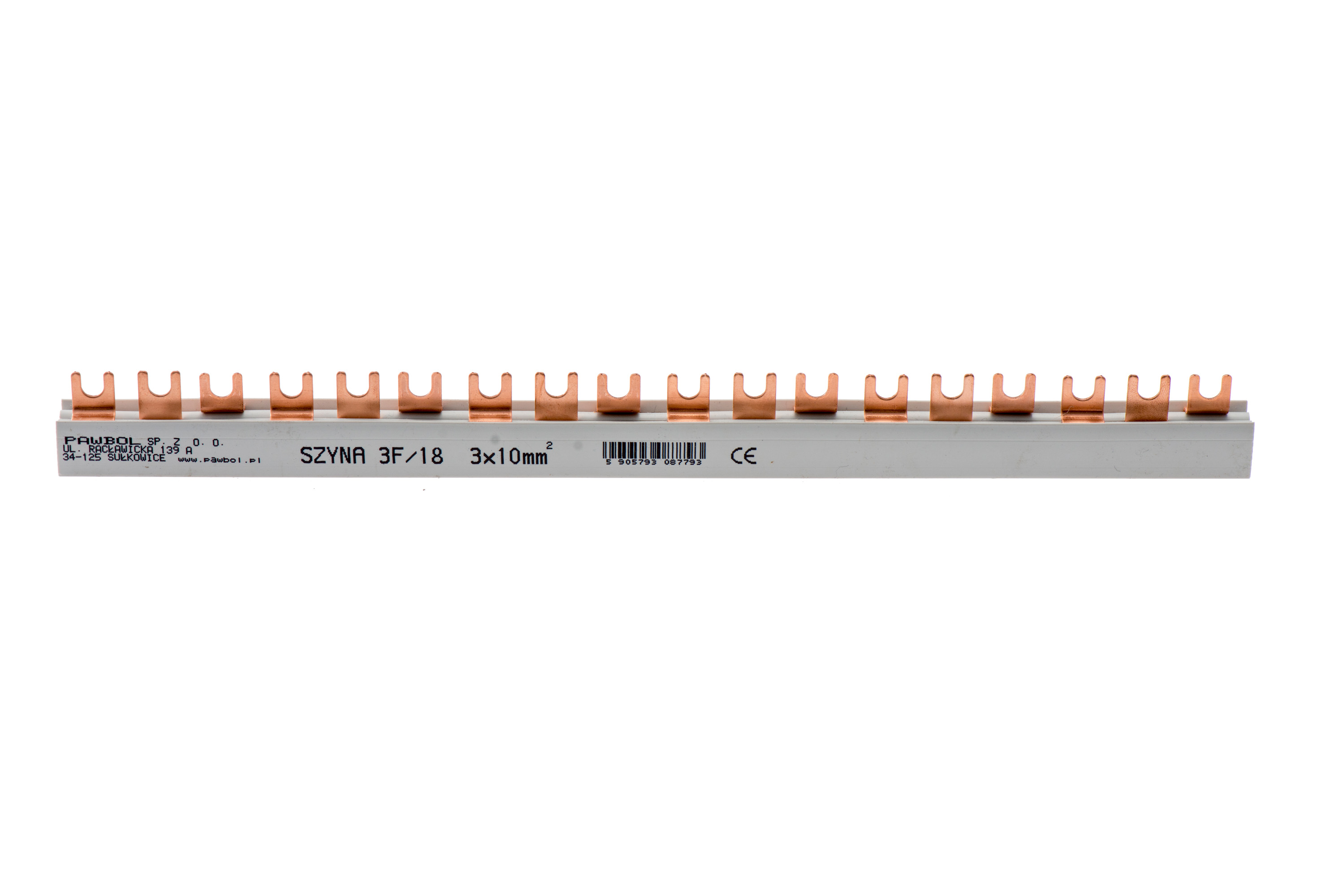 Phasenschiene 3-phasig, Gabelausführung, S-18, 10mm2, 63A, 400V – Pawbol