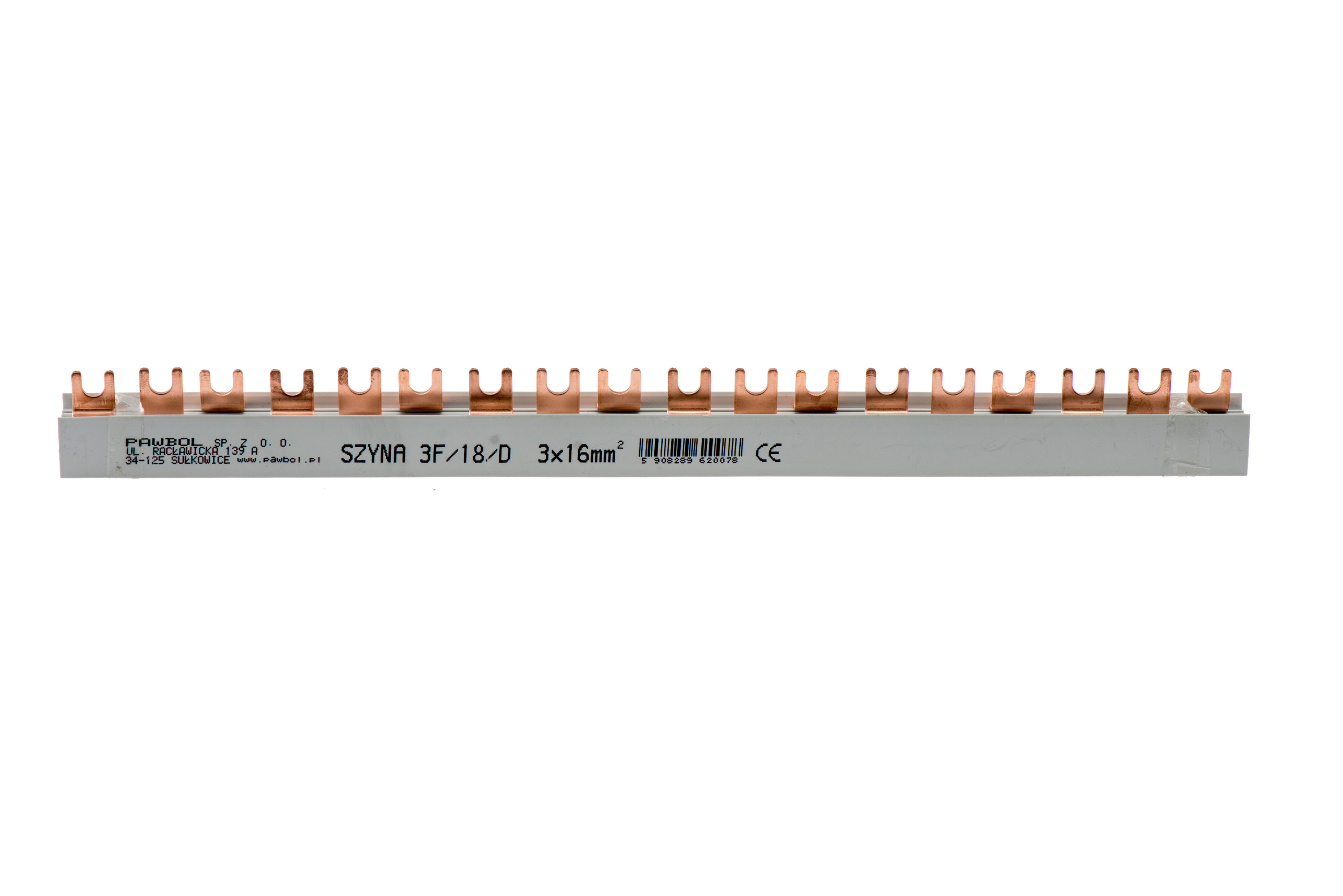 Phasenschiene 3-phasig, Gabelausführung, S-18, geteilt, 16mm2, 100A, 400V – Pawbol